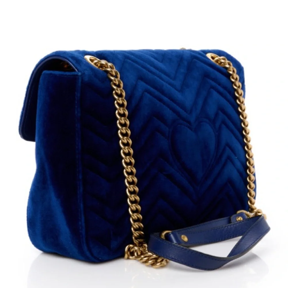GUCCI | Velvet Matelasse Medium GG Marmont Shoulder Bag Cobalt Blue - Picture 2 of 16